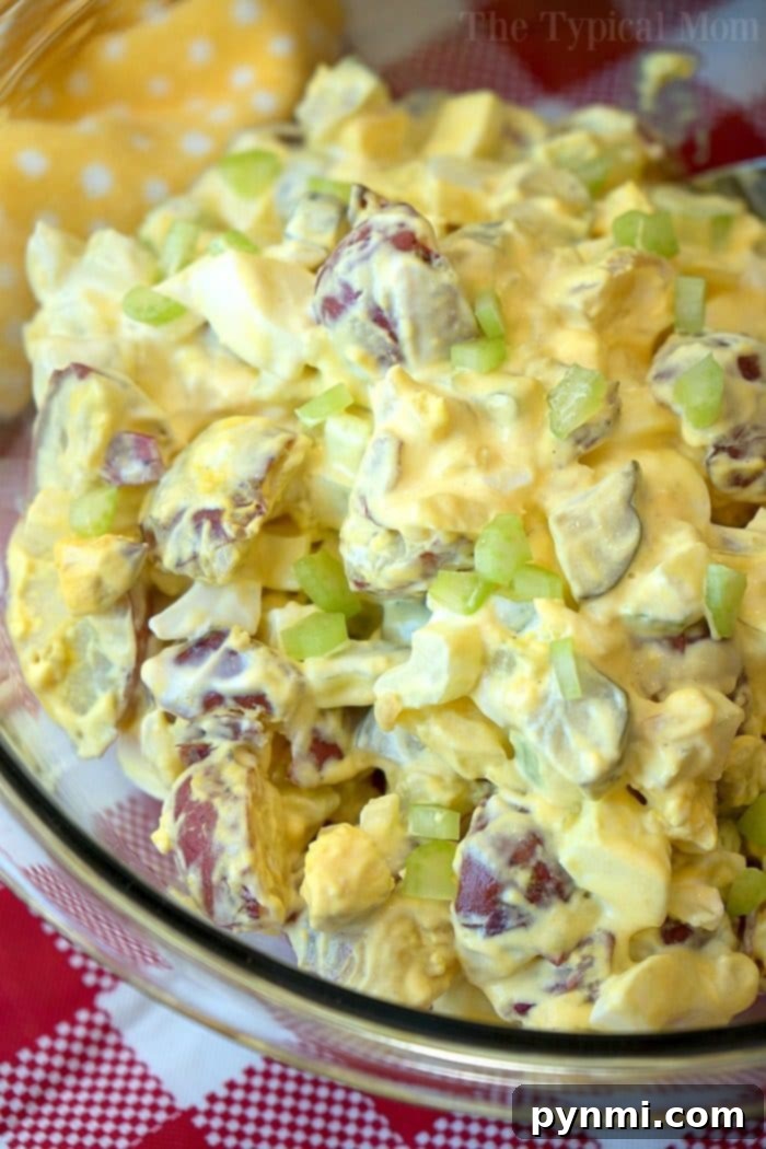 This is the most amazing Instant Pot potato salad you'll ever make in just 5 minutes! Loaded with eggs and pickles it's the perfect side dish to any meal. #instantpot #pressurecooker #potatosalad #salad #potato #sidedish #easy Instant Pot Potato Salad close up