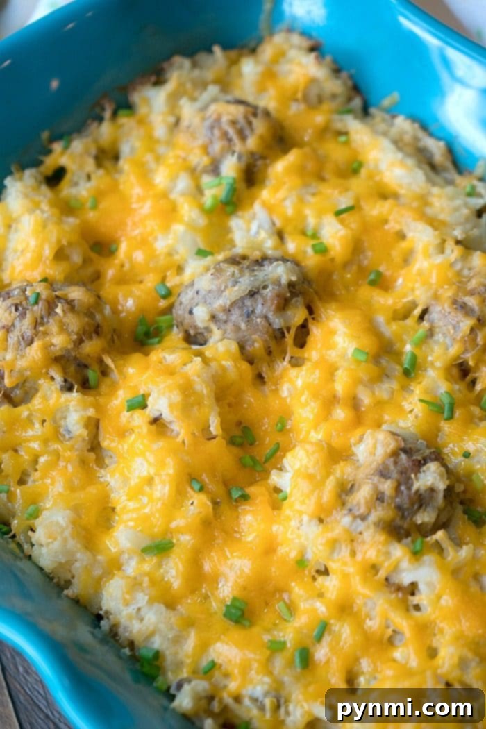 Close-up of a Hamburger Hashbrown Casserole with Sour Cream, featuring a rich, golden-brown crust and bubbling cheese, highlighting its comforting texture and appetizing appeal.