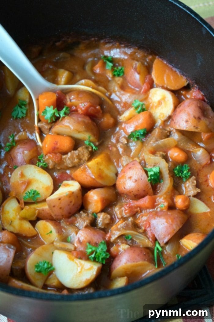 This easy Dutch Oven stew is hearty & will bring you back to your childhood! Packed with tender beef and vegetables it's the perfect dinner or camping meal. Close-up of a delicious Dutch oven beef stew, showing tender meat, carrots, and potatoes in a rich gravy.