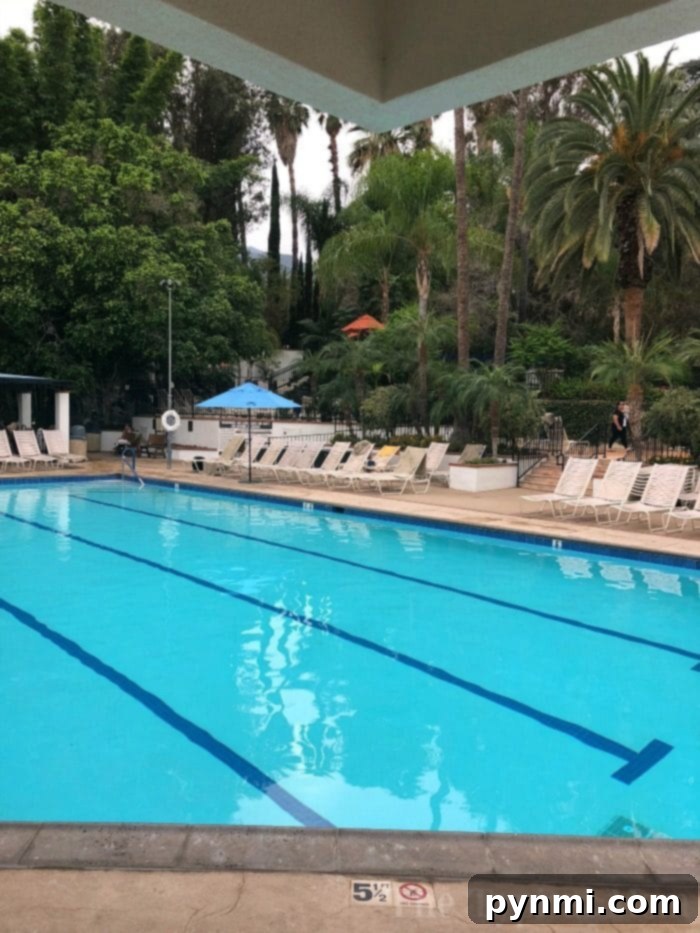 Outdoor swimming pool at Glen Ivy Hot Springs with lap lanes and palm trees
