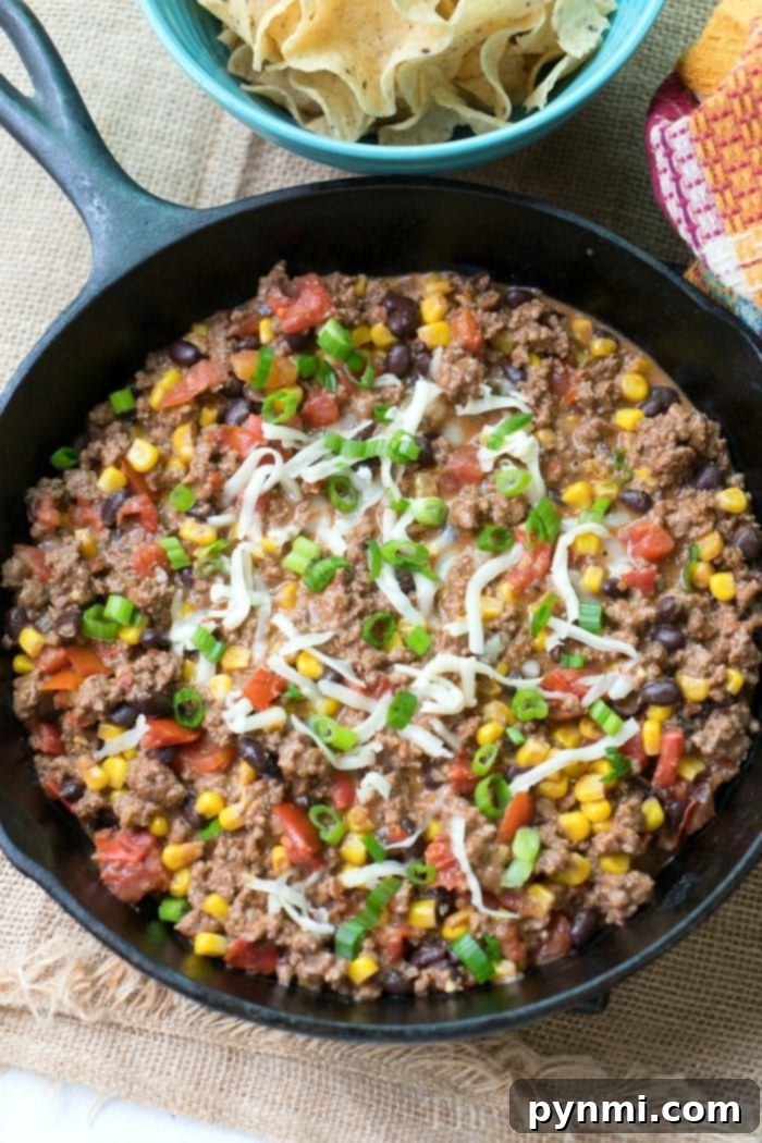 This cheesy taco dip with ground beef is a delicious appetizer or meal! Perfectly seasoned and made in your skillet it's a hearty snack or dinner idea! Taco Dip with Ground Beef