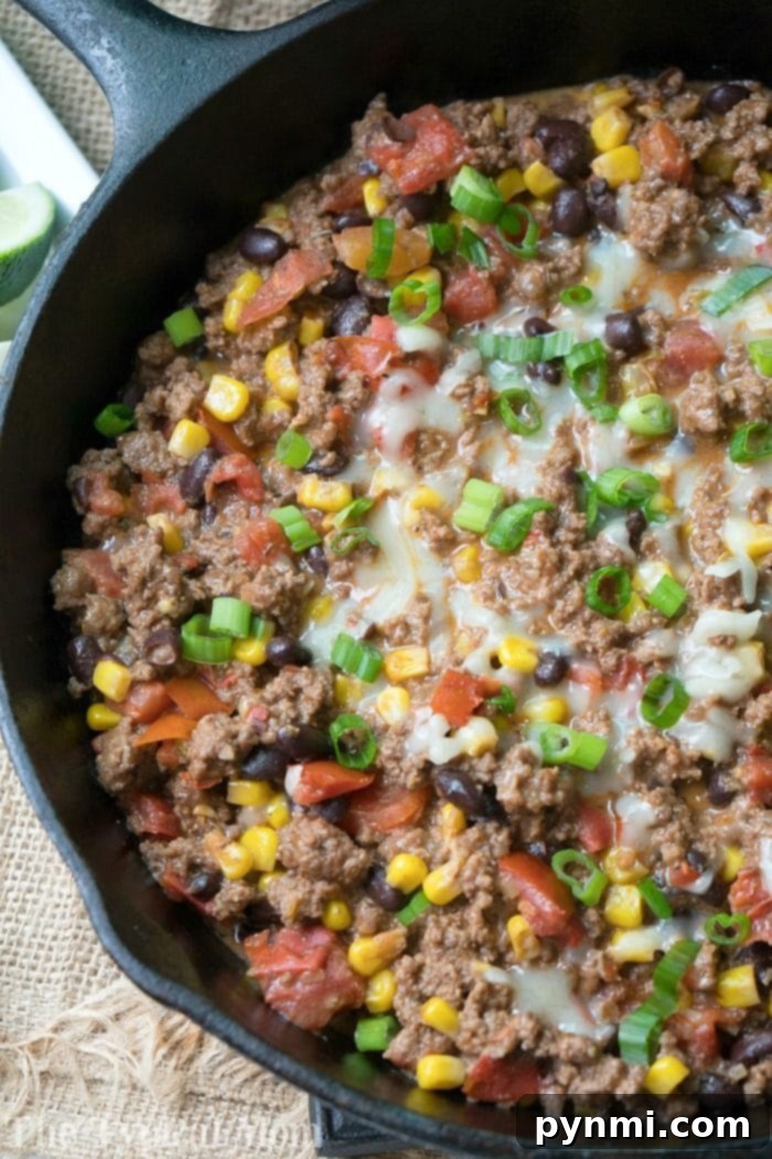 This cheesy taco dip with ground beef is a delicious appetizer or meal! Perfectly seasoned and made in your skillet it's a hearty snack or dinner idea! Taco Dip with Ground Beef 2