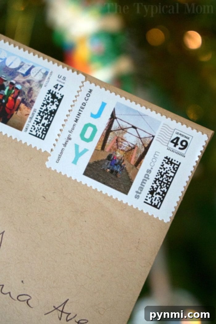 Custom Postage Design Your Own Stamps 2 A festive holiday card featuring a custom postage stamp with a family photo, ready to be mailed.