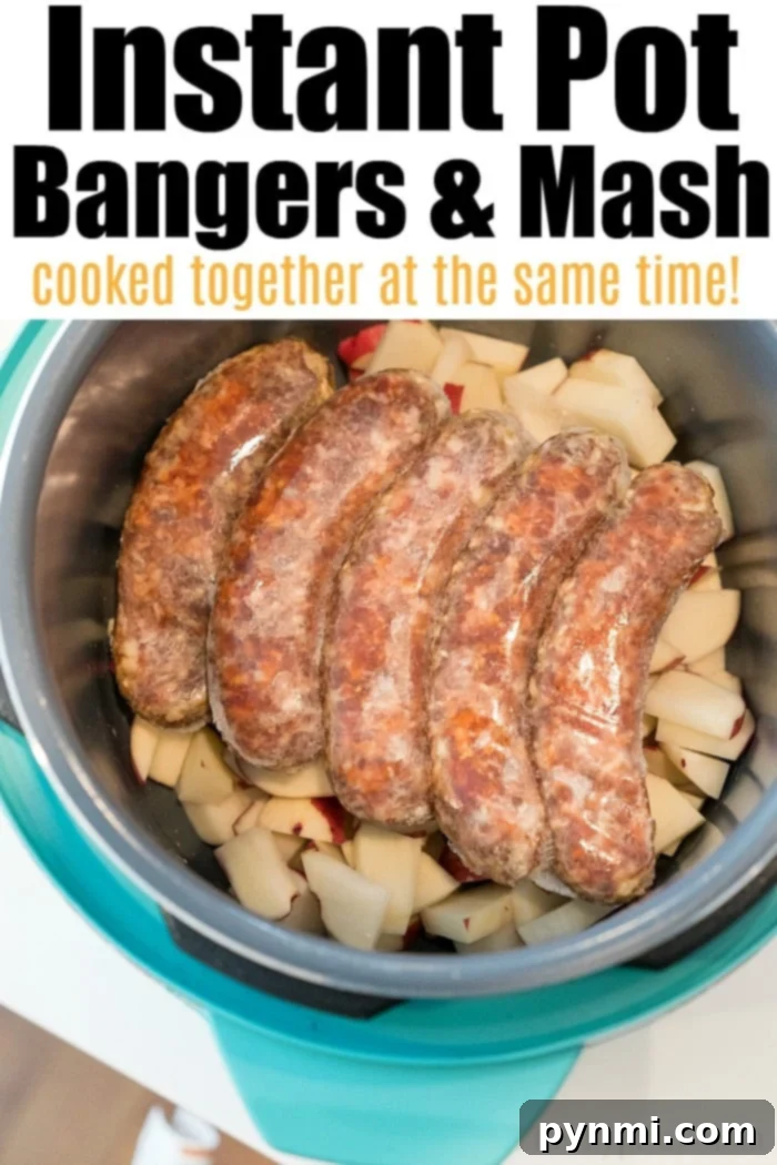 Instant Pot bangers and mash: brats and mashed potatoes cooked together Instant Pot bangers and mash, with sausages atop creamy mashed potatoes