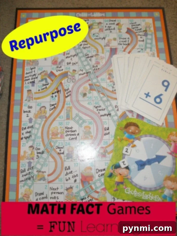 Engaging homemade math fact game for kids Children playing a homemade math fact game with a repurposed board game