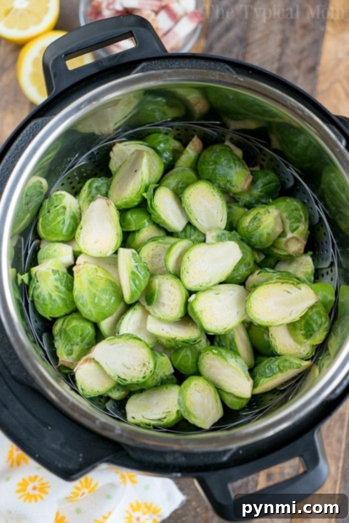 Perfectly steamed Instant Pot Brussels sprouts, seasoned and ready to serve.