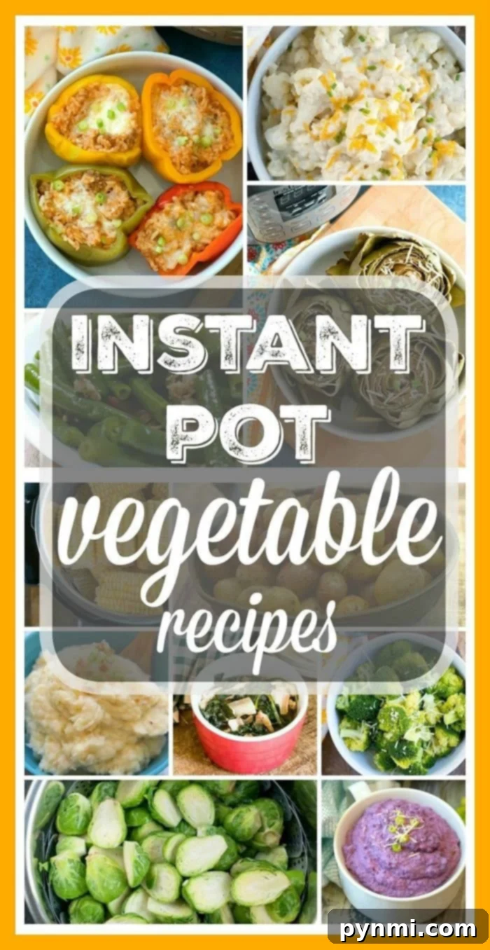 A vibrant collage of various Instant Pot vegetable dishes and ingredients, highlighting the versatility of pressure cooking.
