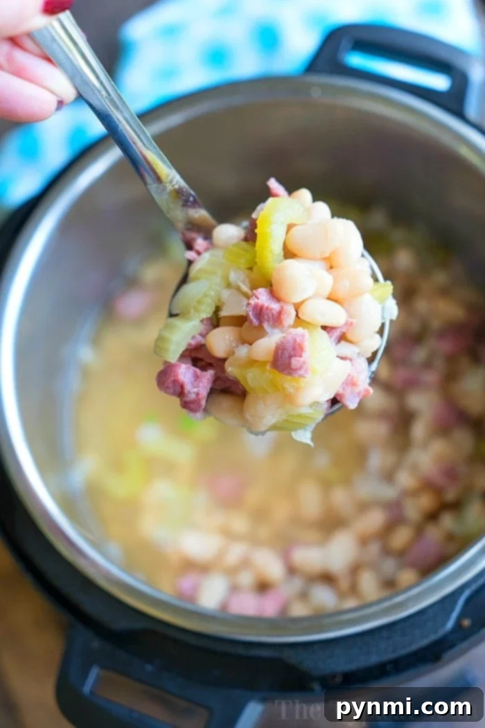 Wholesome Pressure Cooker Delights 3 A spoonful of ham and bean soup held above a steaming pressure cooker.