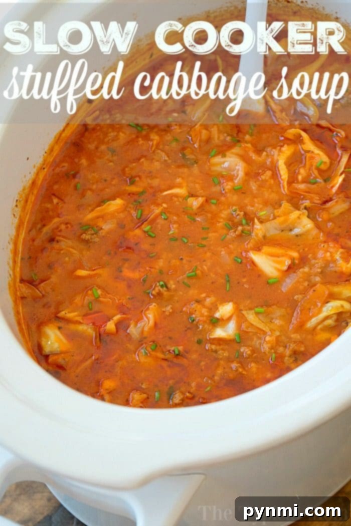 Hearty slow cooker unstuffed cabbage soup, a comforting one-pot meal packed with flavor and easy to make. A comforting bowl of slow cooker stuffed cabbage soup garnished with fresh parsley, ready to be served.