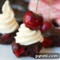 A delicious chocolate cherry brownie with white frosting and a fresh cherry on top, presented on a plate. Nearby, several cherry brownies are visible, showcasing their rich, chocolatey texture and sweet cherry filling.