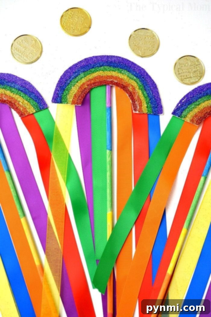 Here are some easy glitter arts and crafts ideas to use in the classroom or just a fun craft for kids at home. Rainbow crafts are fun during St. Patrick's Day or any time of year and these are perfect for all ages from Kindergarten up to school age children. #glitter #crafts #forkids #rainbow #stpatricksday #wands Glitter Arts and Crafts