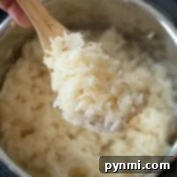 A wooden spoon holds perfectly cooked white rice over an open instant pot, showcasing a seamless blend of tradition and modern convenience.