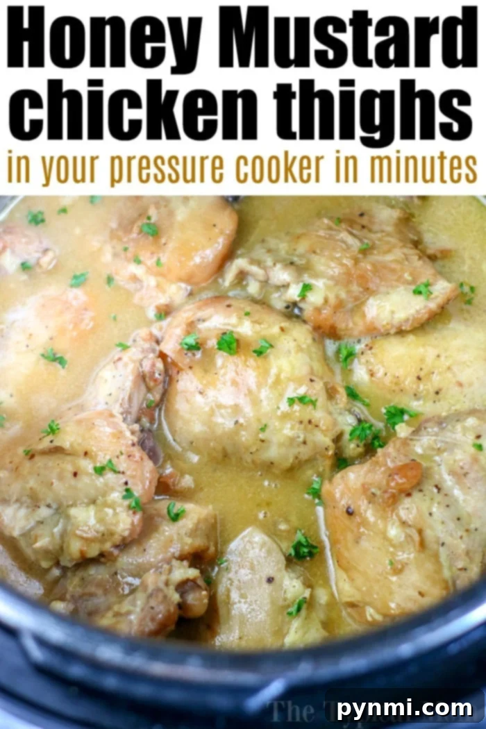 Instant Pot Honey Mustard Chicken thighs, pressure-cooked to perfection and garnished with fresh parsley, make for a delightful and healthy dish.