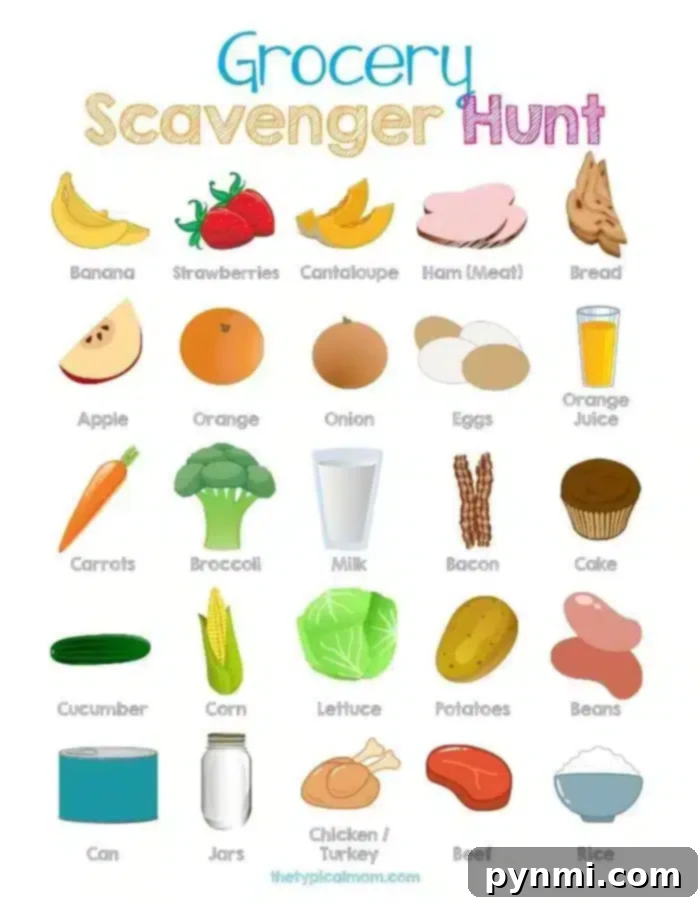 Aisle Adventure Hunt 4 Close-up of a printable grocery store scavenger hunt list with common items checked off by a child.