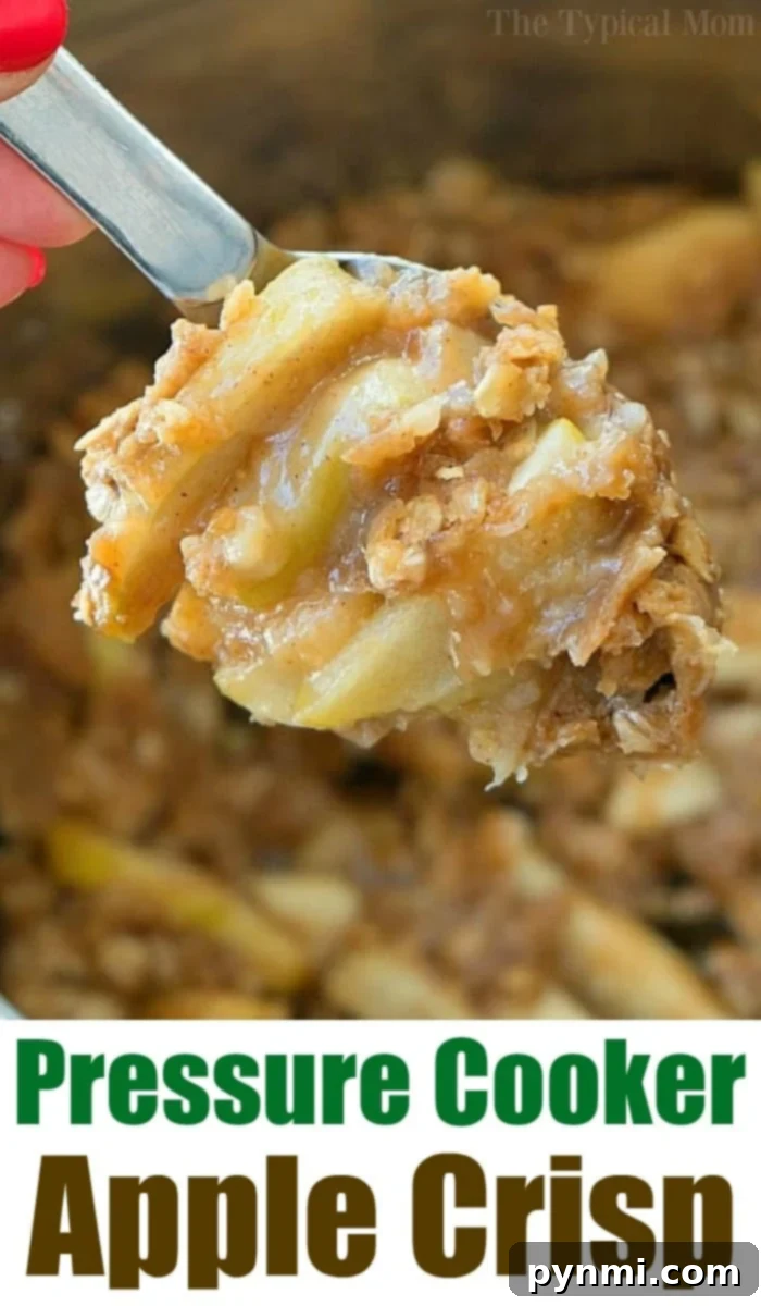 Pressure cooker apple crisp fruit dessert. Try it this week! #instantpot #pressurecooker #apples #applecrisp #dessert #bakedapples #instantpotrecipes #thetypicalmom #easy Instant Pot apple crisp prepared in a separate pot using the pot-in-pot method.