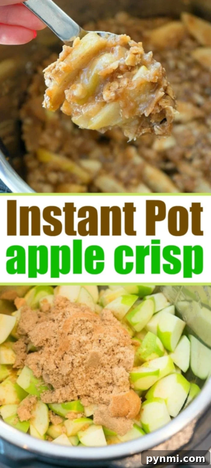 Instant Pot apple crisp recipe is amazing! Tastes like copycat Cracker Barrel baked apples we love but made in less than 20 minutes total. Warm cinnamon apples coated with a ooey gooey brown sugar glaze your family will go crazy over for sure. Try this homemade pressure cooker fruit dessert this week! #instantpot #pressurecooker #apples #applecrisp #dessert #bakedapples #instantpotrecipes #thetypicalmom #easy Close-up of a serving of Instant Pot apple crisp with a spoonful ready to be eaten.