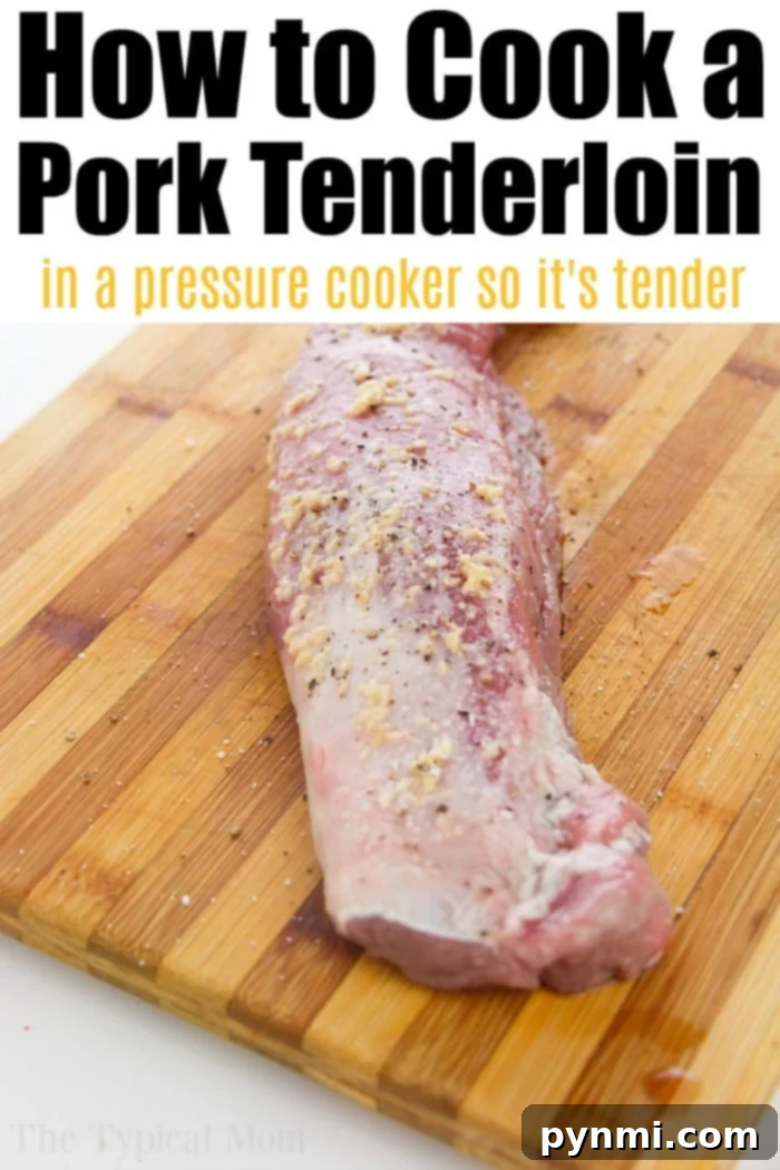 Raw pork tenderloin seasoned with salt and pepper, ready for the Instant Pot, on a wooden cutting board.