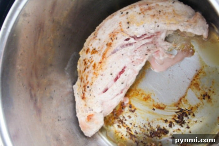 Pressure cooker with seasoned pork, ready for cooking.