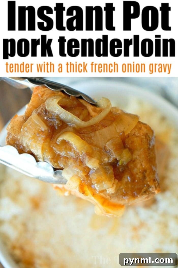 Instant Pot pork tenderloin slices covered in French onion gravy, ready to eat.