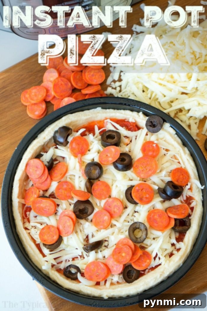 Variety of Instant Pot Pizzas Ready to Serve Two cooked Instant Pot pizzas, one with pepperoni and one with a variety of toppings, ready for serving on a cutting board, highlighting the perfect golden crust and melted cheese.