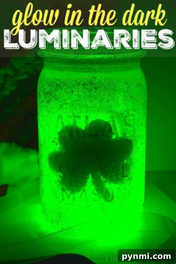 Discover how to create beautiful, glow-in-the-dark mason jar luminaries! This fun, inexpensive craft is perfect for kids, holidays, classroom projects, or as charming DIY nightlights. Vibrant green mason jar luminary with shamrock cutouts, glowing in the dark