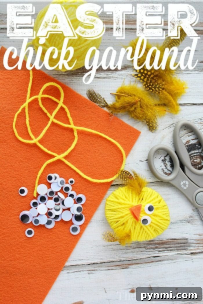Cute yellow yarn chick Easter garland with orange beaks and colorful feathers