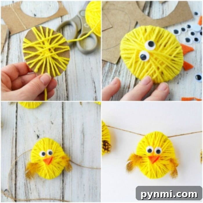 Close-up of handmade yarn chick garland on a string, showing details of eyes and feathers