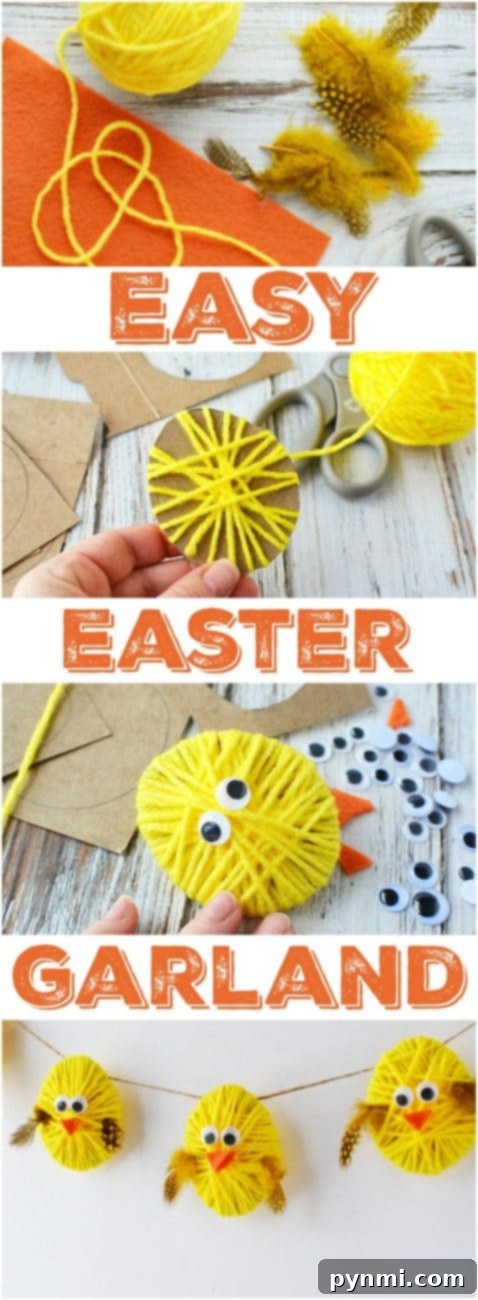 Materials laid out for creating the Easter yarn chick garland craft