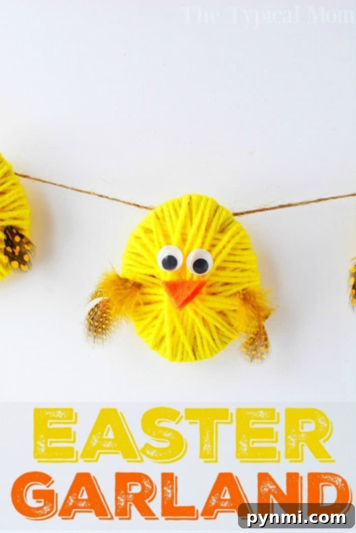 Step-by-step assembly of the yarn chick garland, showing yarn wrapping and detailing