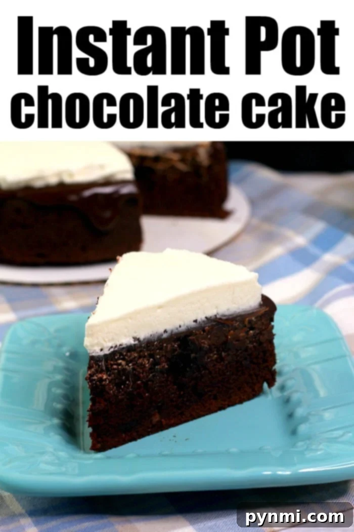 Beautifully frosted Instant Pot chocolate cake on a platter