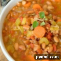A beautifully presented bowl of Instant Pot pinto bean soup, garnished with fresh herbs and a hint of parmesan, suggesting a warm and delightful dining experience.