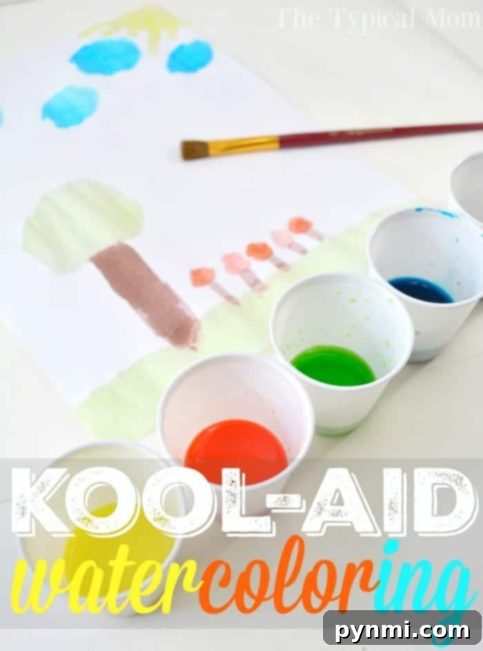 Watercolor painting with trees and sky using vibrant Kool-Aid paint; five cups filled with different colors and a brush are visible.