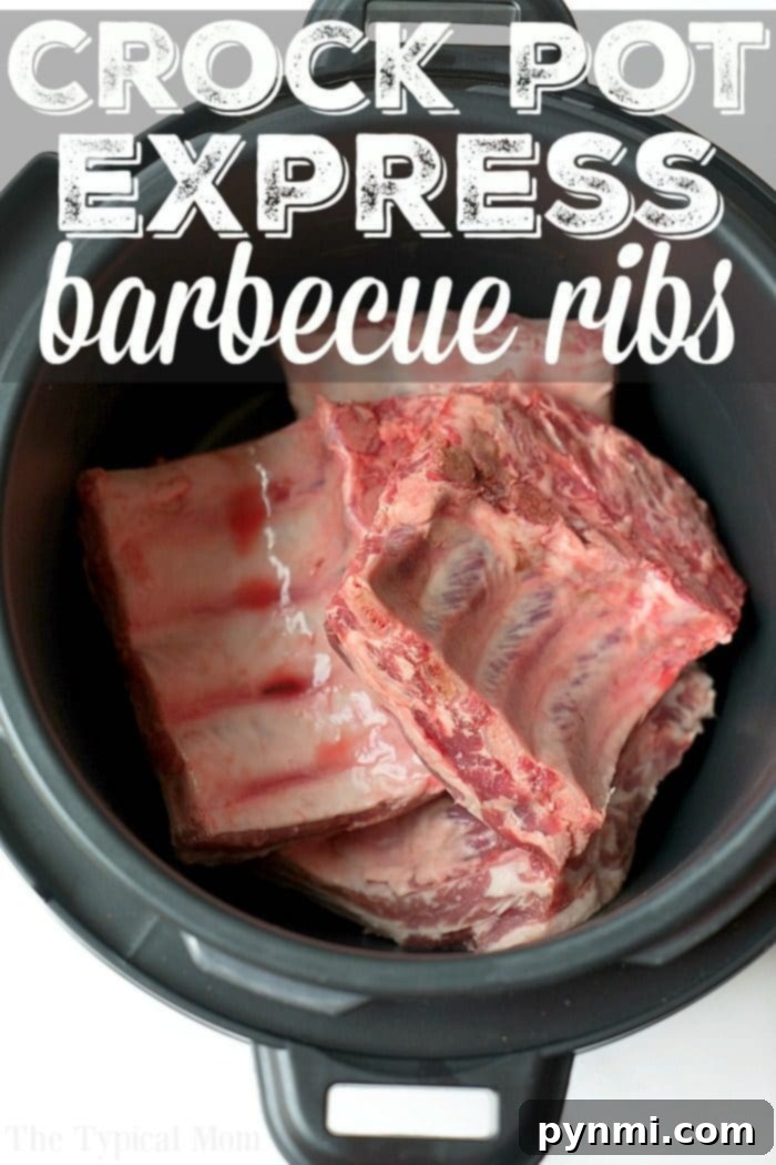 Fall-Off-The-Bone Express Ribs 3 Raw ribs are nestled inside a sleek black Crock Pot Express, ready to become mouthwatering Crock Pot Express ribs. The image text highlights the promise of delicious barbecue ribs.