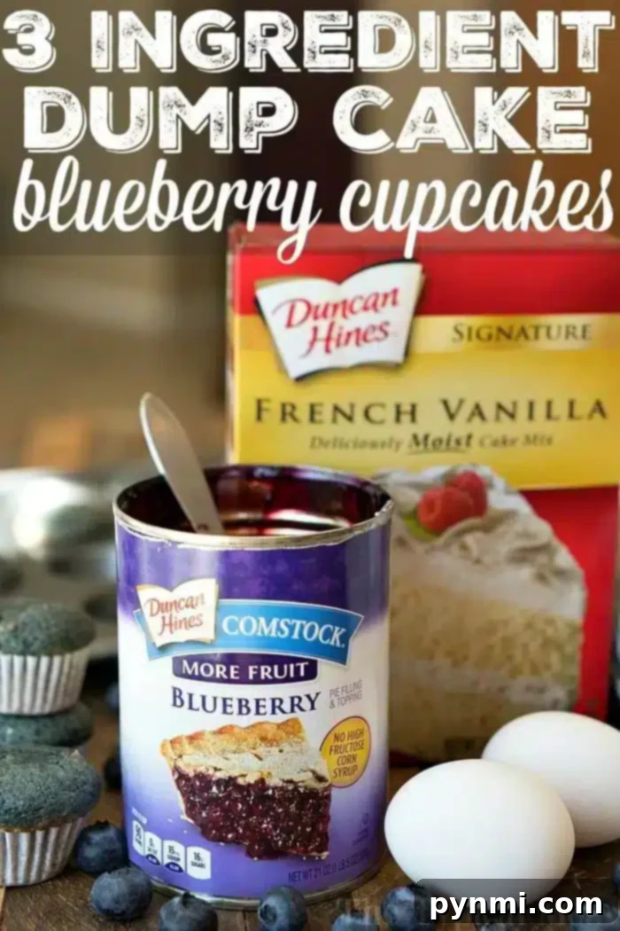 An image showcases a can of Duncan Hines Comstock blueberry pie filling and a box of Duncan Hines Signature French Vanilla cake mix, flanked by two eggs. The text atop announces "3 Ingredient Blueberry Dump Cake Cupcakes.