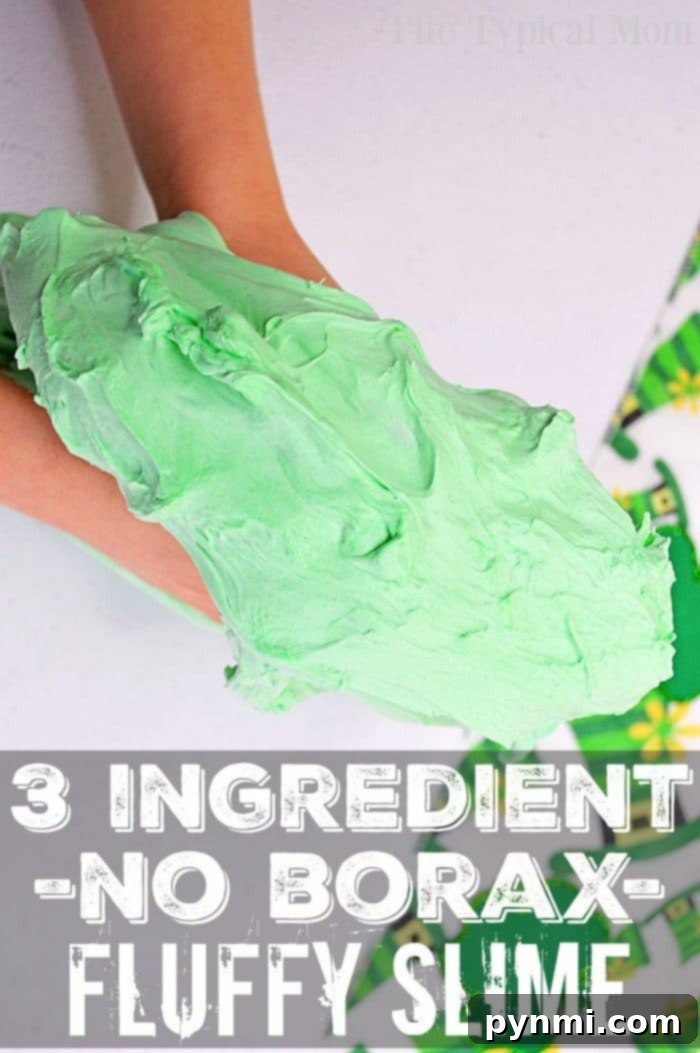 Create your own borax-free fluffy slime with shaving cream and just a few ingredients for an easy and safe kids' activity. A vibrant green fluffy shaving cream slime being kneaded in a bowl, surrounded by its simple ingredients: glue, shaving cream, and contact lens solution.