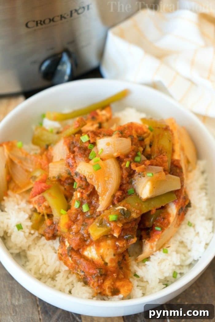 Crockpot Salsa Chicken – an easy, healthy, and inexpensive family dinner. Close-up of shredded salsa chicken in a crockpot, ready to be served in tacos or over rice. A vibrant and healthy slow cooker meal.