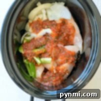 easy salsa chicken crockpot recipe: slow cook tender chicken, onions, and green peppers, all simmered to perfection in a rich tomato sauce.