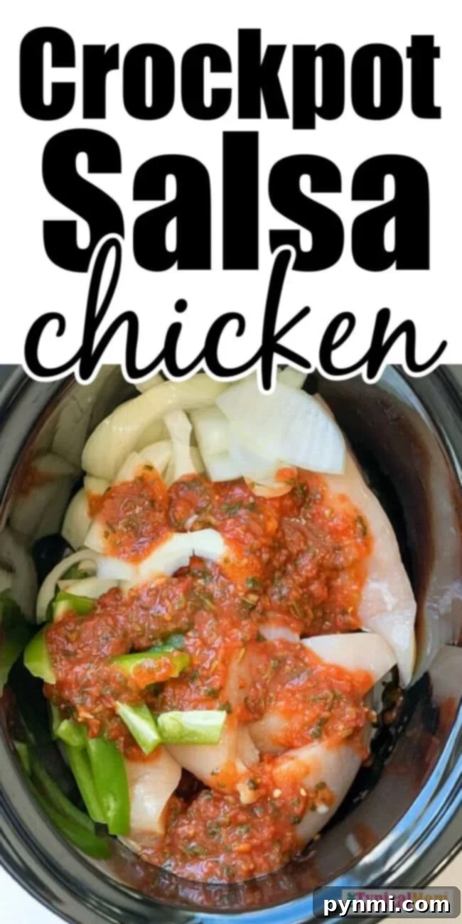 Set and Forget Salsa Chicken 4 Shredded slow cooker salsa chicken served with fresh toppings like cilantro and lime. A vibrant and appetizing meal.