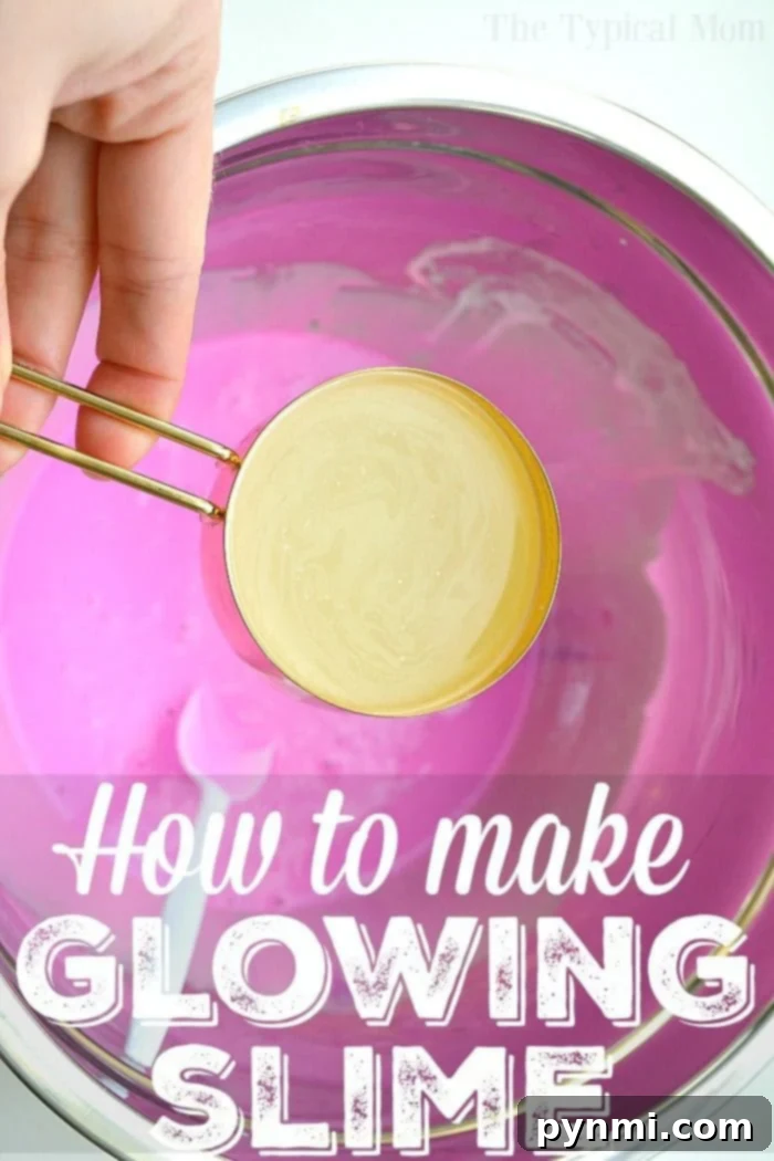 Step-by-step guide to making vibrant glow-in-the-dark slime at home – a fantastic, easy recipe for kids' parties, birthdays, or just fun sensory play. Learn how to create glowing, soft goo that brightens any dark room. Vibrant green glow in the dark slime being stretched by hands, showcasing its luminous quality in the dark.