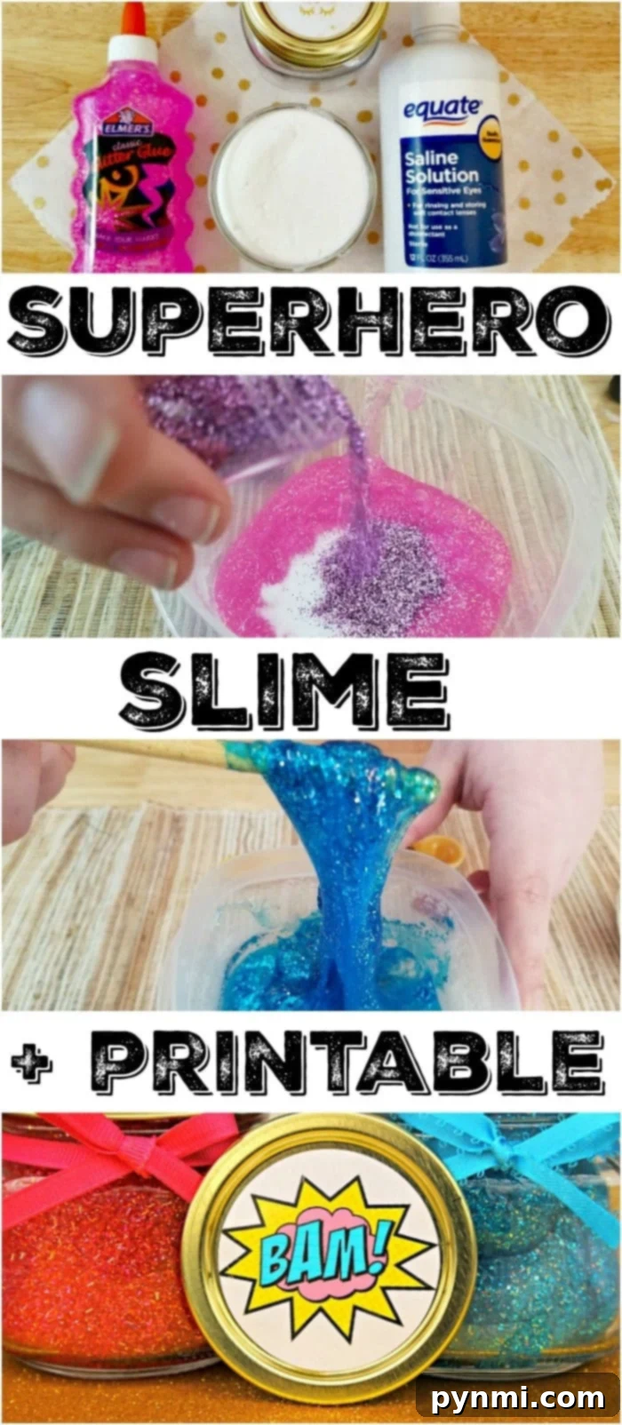 Unlocking Marvel Superpowers with Slime 4 Ingredients for making superhero slime: glitter glue, baking soda, glitter, and contact lens solution.
