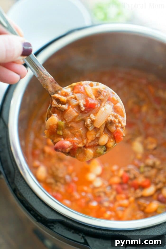No-Soak Pressure Cooker Chili with 13-Bean Blend Close-up of pressure cooker chili with a mix of dry beans
