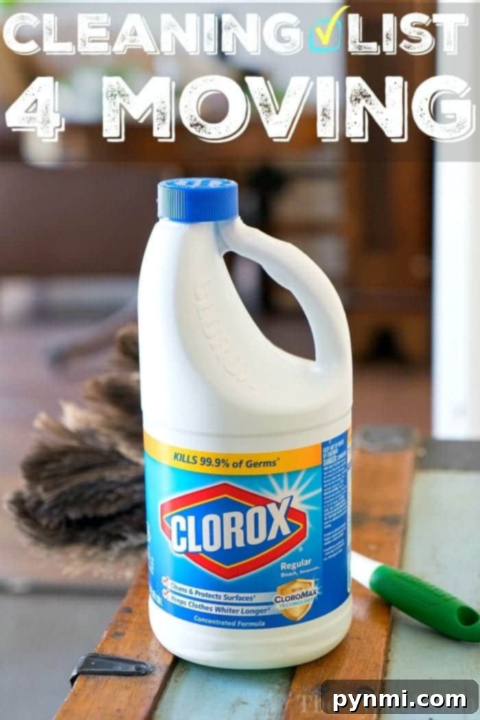 If you're moving you need this free move in move out cleaning printable to keep you organized! There is a lot to do when you move out of a house and a lot to disinfect when you move into a new home. Here's what you need to get it all done, and how to make cleaning fun with kids. #cleaning #moving #move #checklist #printable #bleach Move In Move Out Cleaning Tips and Products