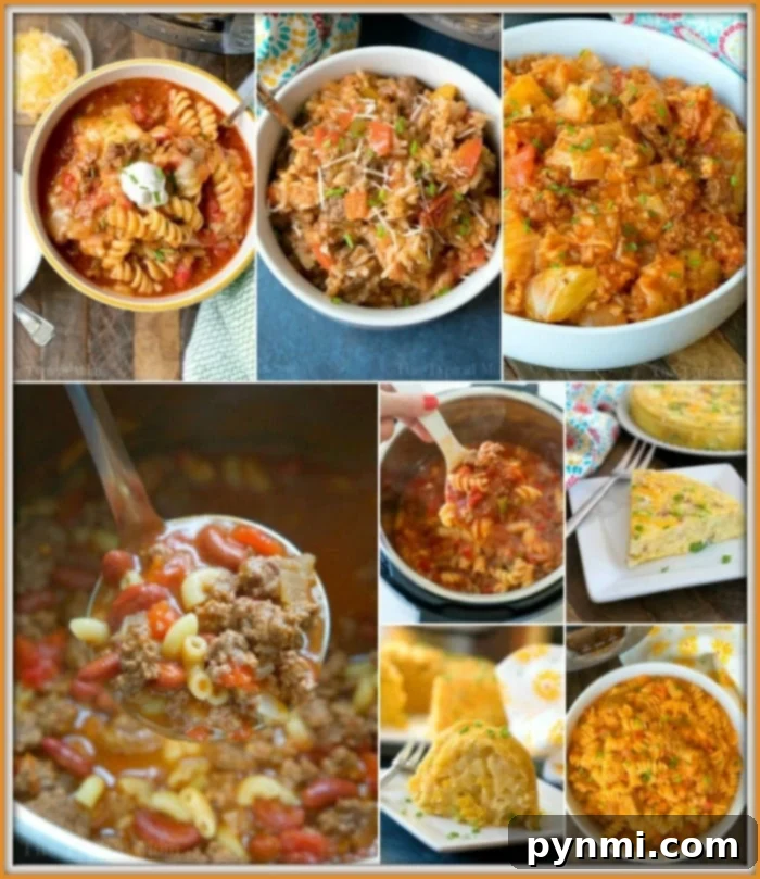 A vibrant collage of various Instant Pot casseroles, featuring creamy pasta dishes, savory rice bowls, and hearty soups, all showcasing delicious toppings and garnishes