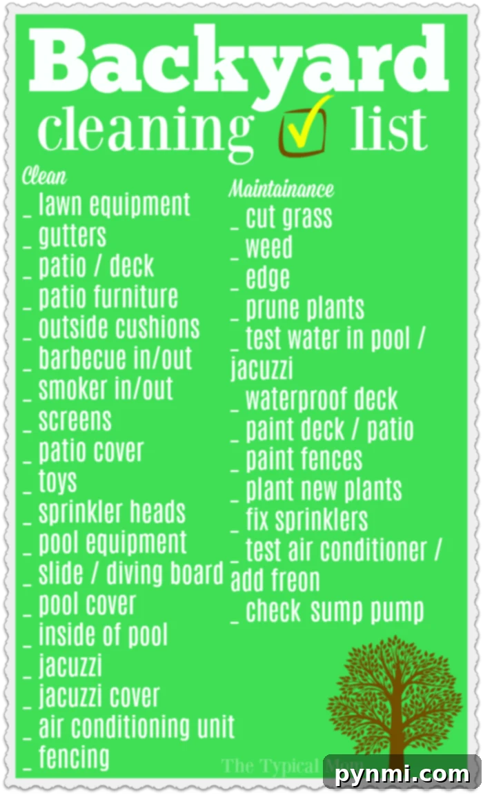 Achieve a spotless backyard with our printable checklist for an efficient spring clean up. Printable Backyard Clean Up Checklist for Spring Cleaning