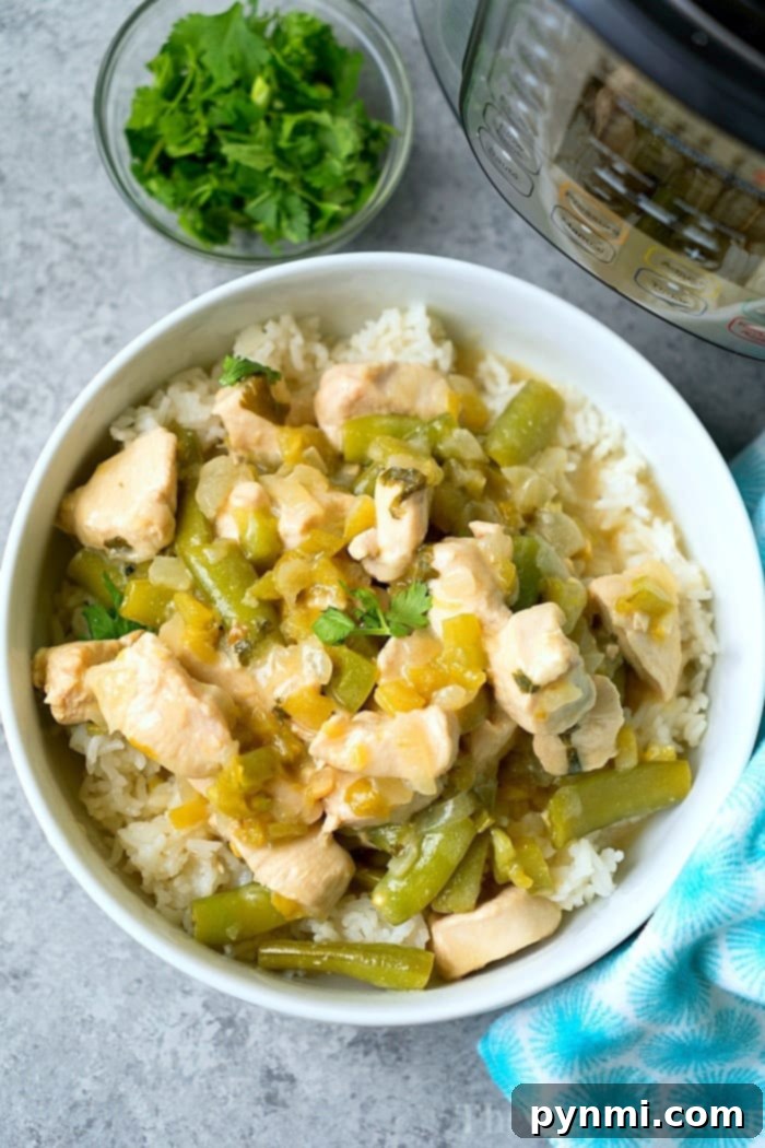 Pressure cooker coconut chicken with curry turned out amazing! A creamy Instant Pot chicken with vegetable dish served as a soup or on top of rice. Try our Thai style coconut chicken yourself and let us know what you think! #instantpot #pressurecooker #thai #indian #coconutchicken #instantpotrecipes #thetypicalmom #chicken #dairyfree #soup #curry A beautifully plated bowl of coconut chicken curry served over white rice, garnished with fresh chopped cilantro, with a pressure cooker blurred in the background, signifying a quick and delicious homemade meal.