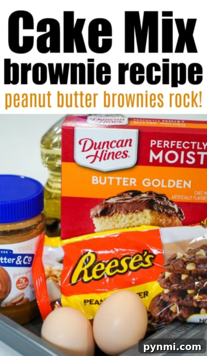 Ultimate Cake Mix Peanut Butter Brownies 3 Ingredients for easy peanut butter brownies: a box of yellow cake mix, creamy peanut butter, Reese's candy pieces (or peanut butter chips), and fresh eggs, ready for mixing.