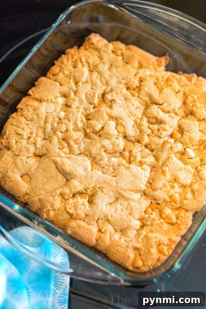 You have got to try these cake mix peanut butter cookie brownies! Rich peanut butter flavor with white chocolate chips that are an ooey gooey dessert everyone in the house will love. They're so easy because you use yellow cake mix as the base and amp it up with nuts and peanut butter. The best quick treat ever. #cakemix #brownies #peanutbutter #easy Delicious baked peanut butter brownies with a golden crust, featuring visible white chocolate chips and a hint of peanut butter richness, perfectly cut in a square glass dish on a rustic blue-patterned surface.