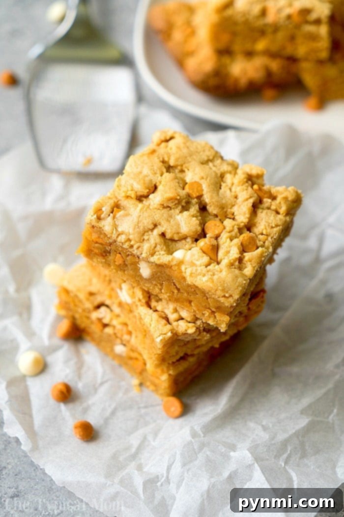 Cake mix peanut butter cookie brownies! Rich peanut butter flavor with white chocolate chips that are an ooey gooey dessert everyone in the house will love. They're so easy because you use yellow cake mix as the base and amp it up with nuts and peanut butter. The best quick treat ever. #cakemix #brownies #peanutbutter #easy Close-up of baked peanut butter cookie brownies, rich and inviting, with a golden-brown top and visible white chocolate chips, ready to be enjoyed.