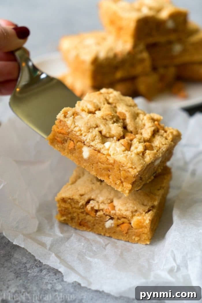 Ultimate Cake Mix Peanut Butter Brownies 7 A hand holds a metal spatula, expertly lifting two stacked decadent peanut butter cookie brownies, highlighting their golden brown tops and delicious mix-ins.