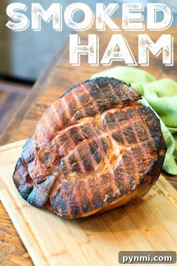 Elevating Cooked Ham with Smoke 2 A beautifully smoked pre-cooked ham resting on a cutting board, ready to be sliced.